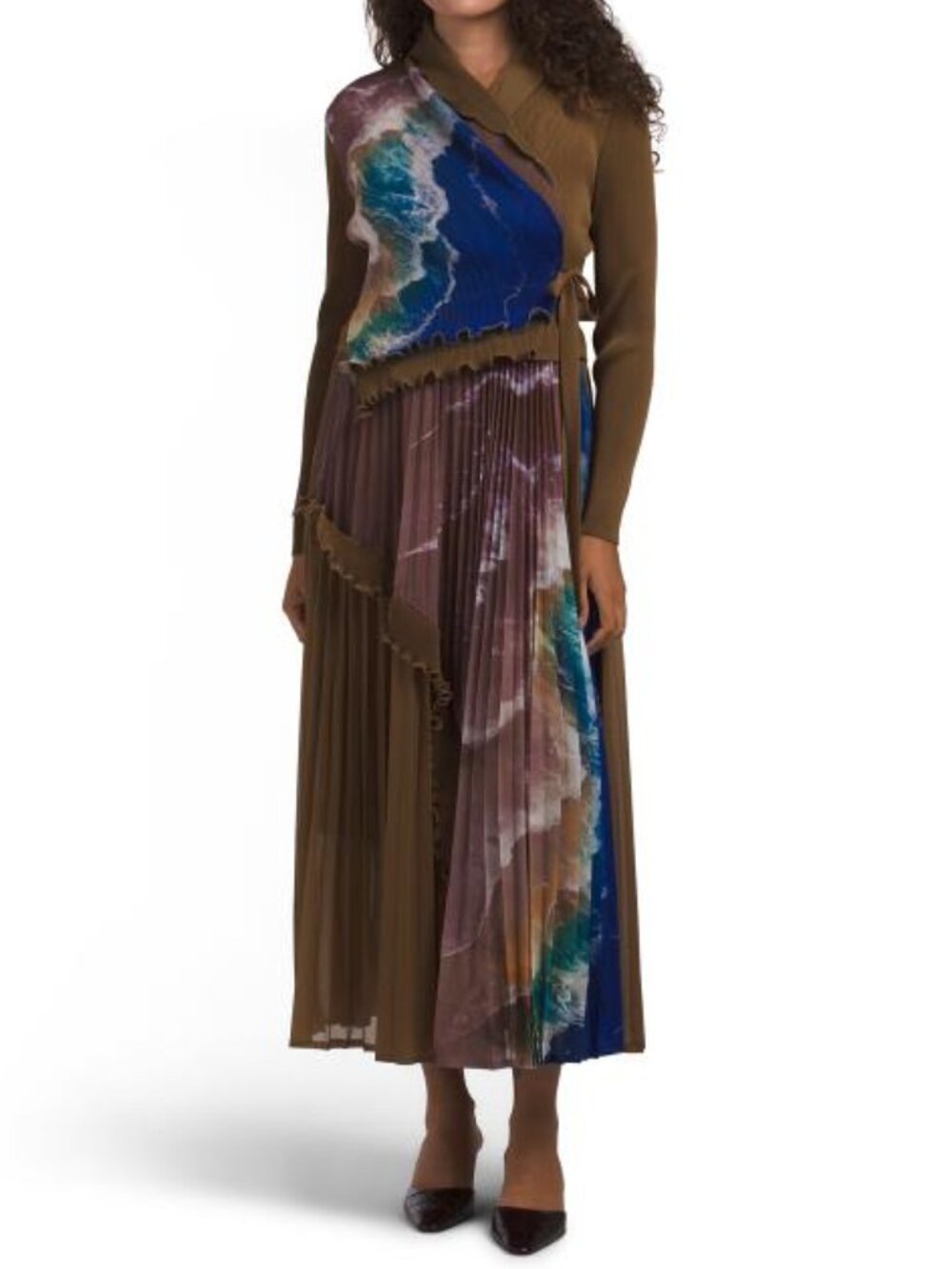 NANCY YANG Long Sleeve Pleated Printed Dress